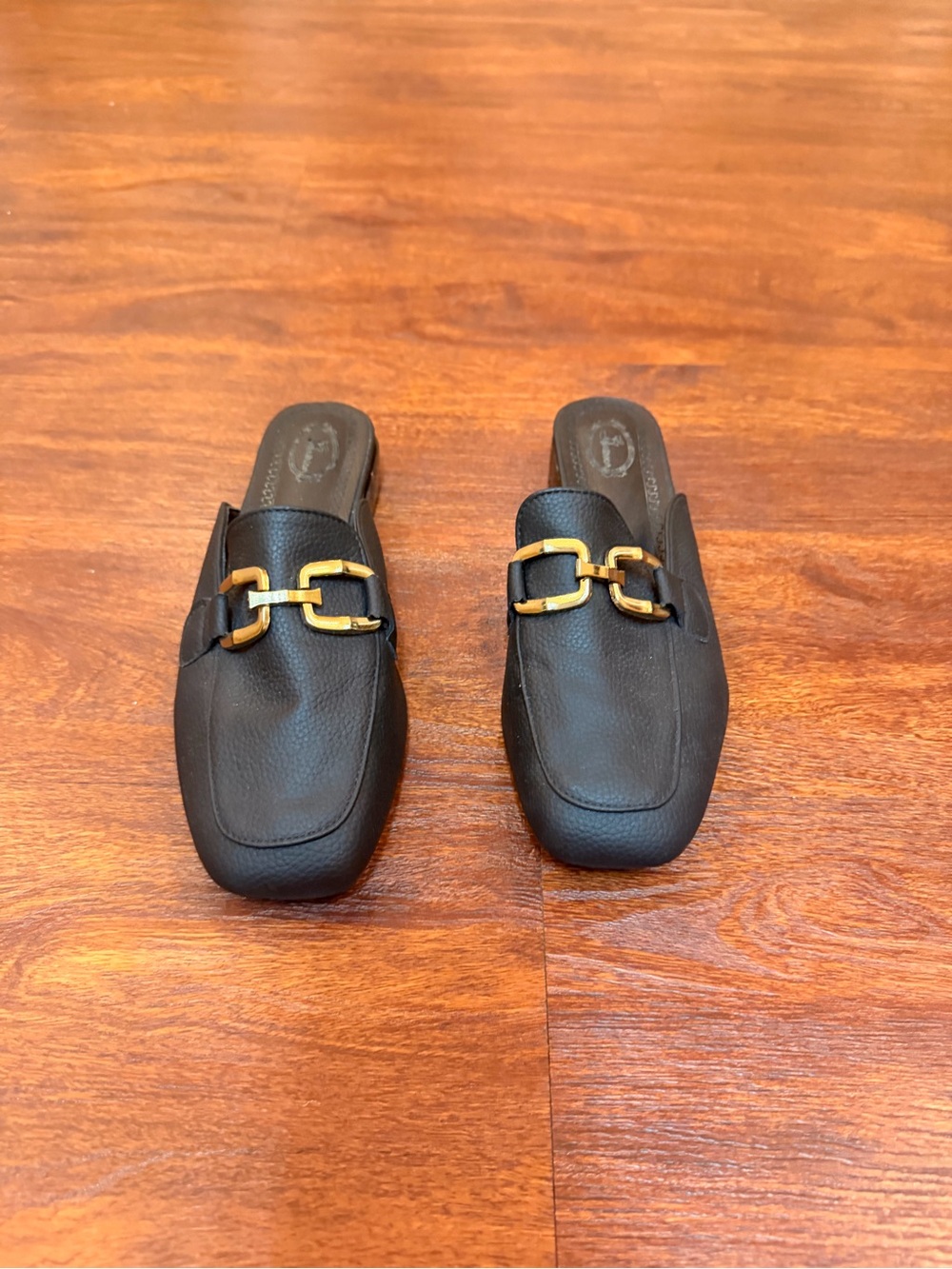 Black Leather Slip-On Mules with Gold Horsebit Detail